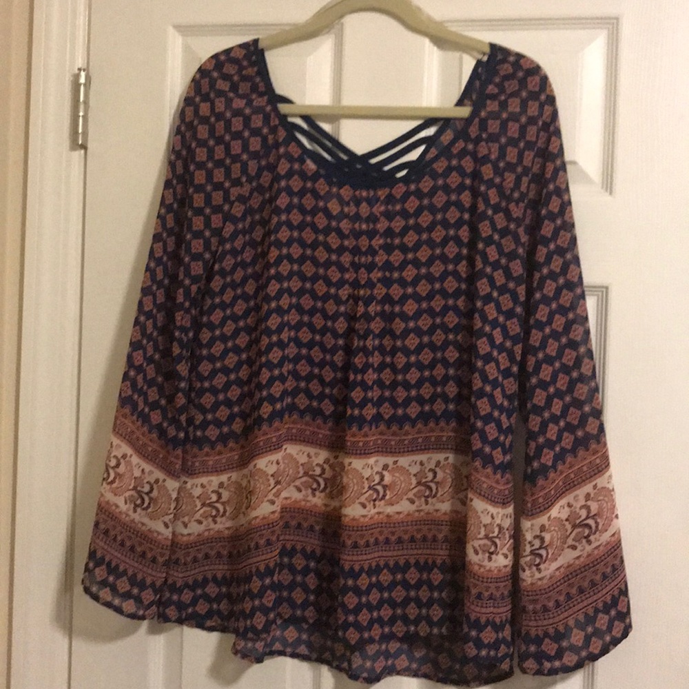 Blue and orange patterned blouse